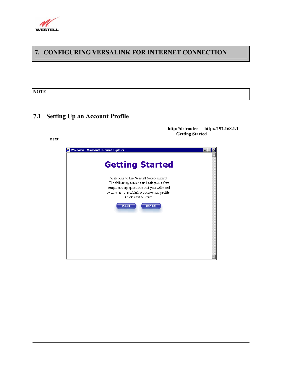 Configuring versalink for internet connection, 1 setting up an account profile | Westell Technologies Versalink 327W User Manual | Page 17 / 157