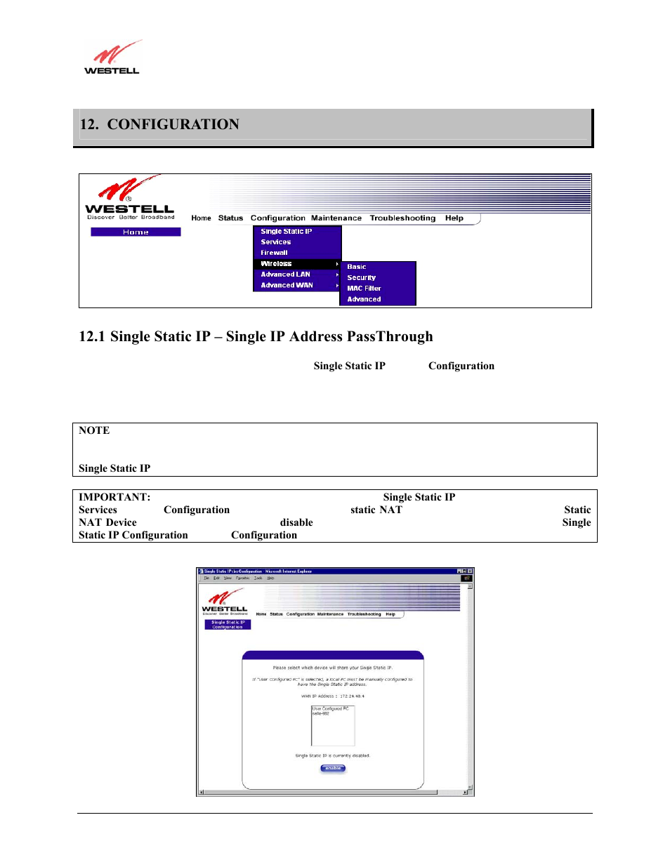 Configuration, 1 single static ip – single ip address passthrough | Westell Technologies Versalink 327W User Manual | Page 39 / 157