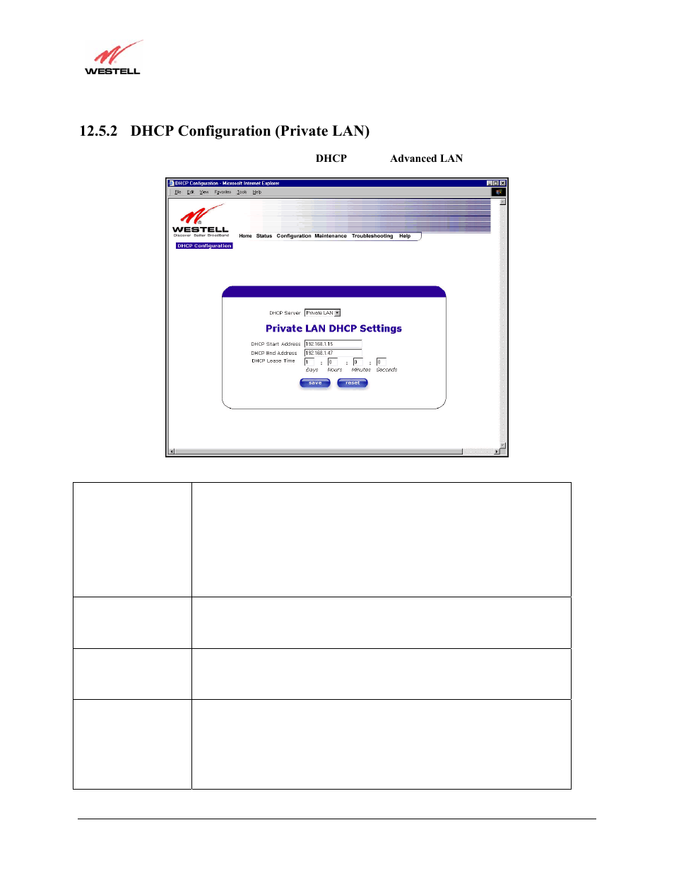 2 dhcp configuration (private lan) | Westell Technologies Versalink 327W User Manual | Page 72 / 157
