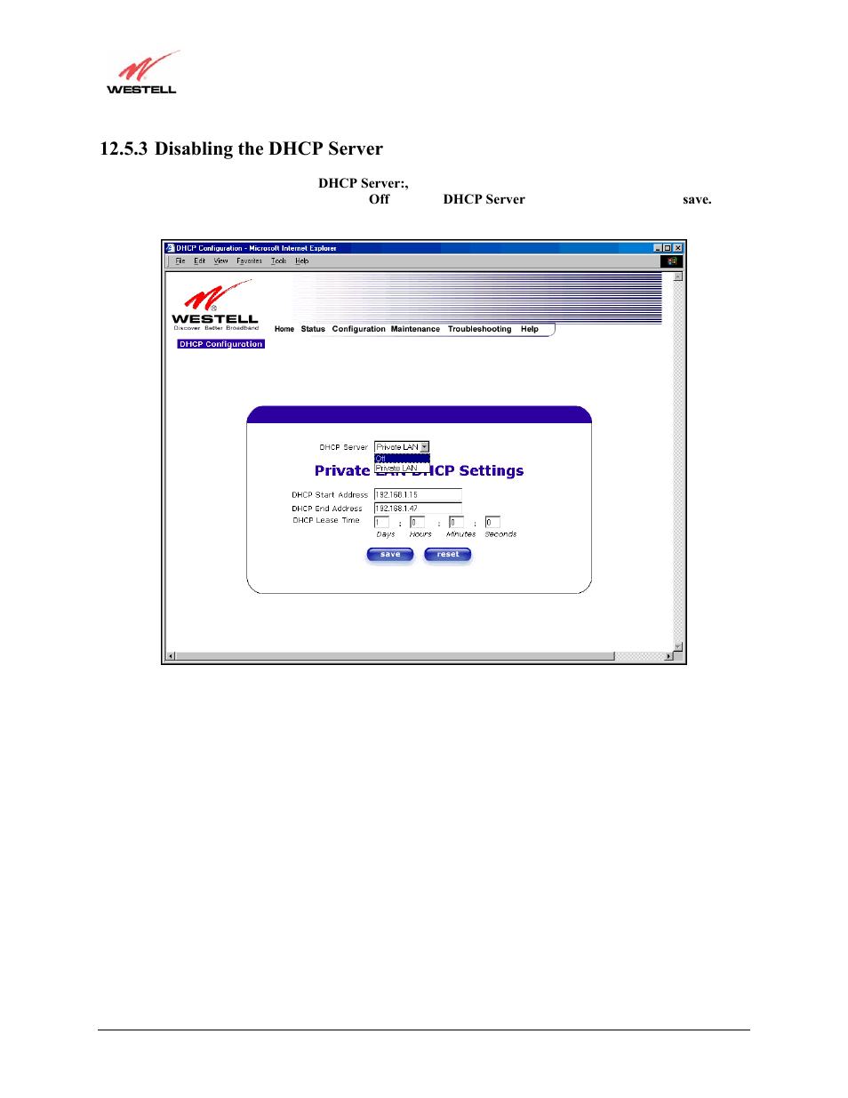 3 disabling the dhcp server | Westell Technologies Versalink 327W User Manual | Page 73 / 157