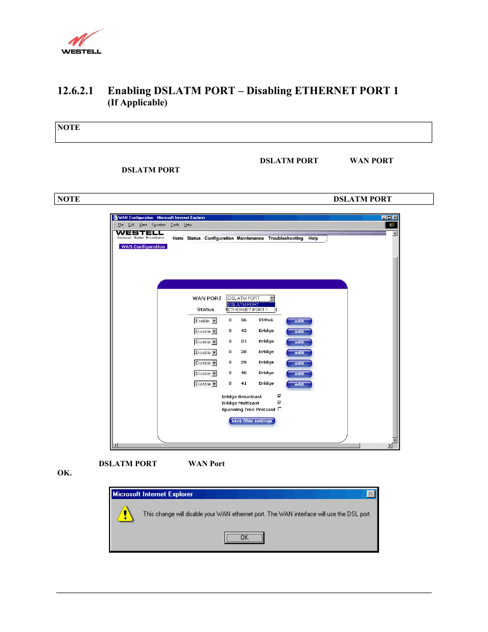 1 enabling dslatm port – disabling ethernet port 1 | Westell Technologies Versalink 327W User Manual | Page 88 / 157