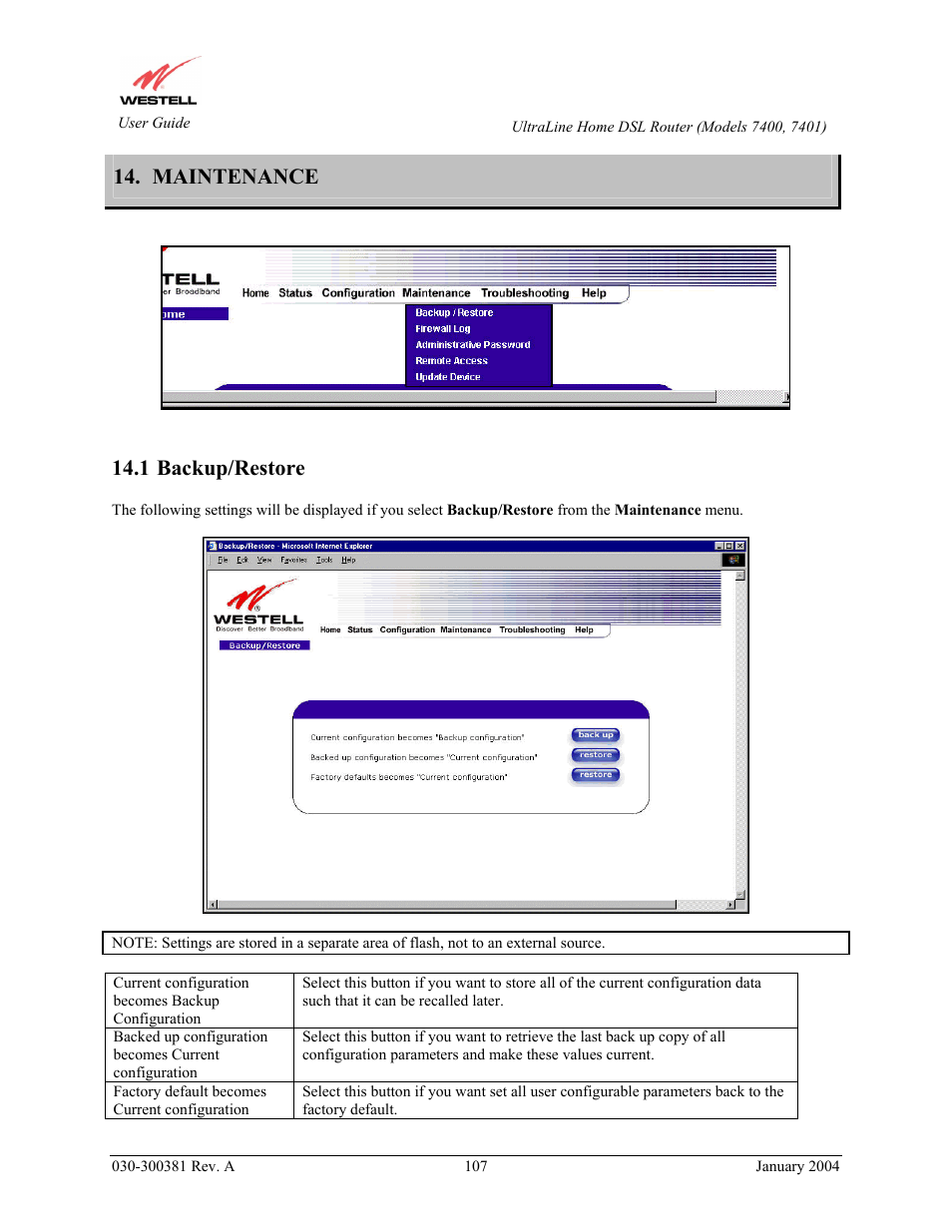 Maintenance, Backup/restore, 1 backup/restore | Westell Technologies Westell UltraLine 7400 User Manual | Page 107 / 153