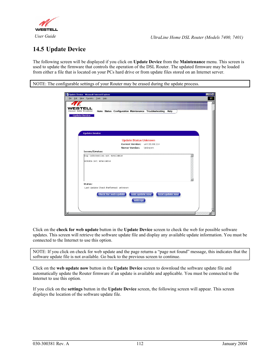 Update device, 5 update device | Westell Technologies Westell UltraLine 7400 User Manual | Page 112 / 153