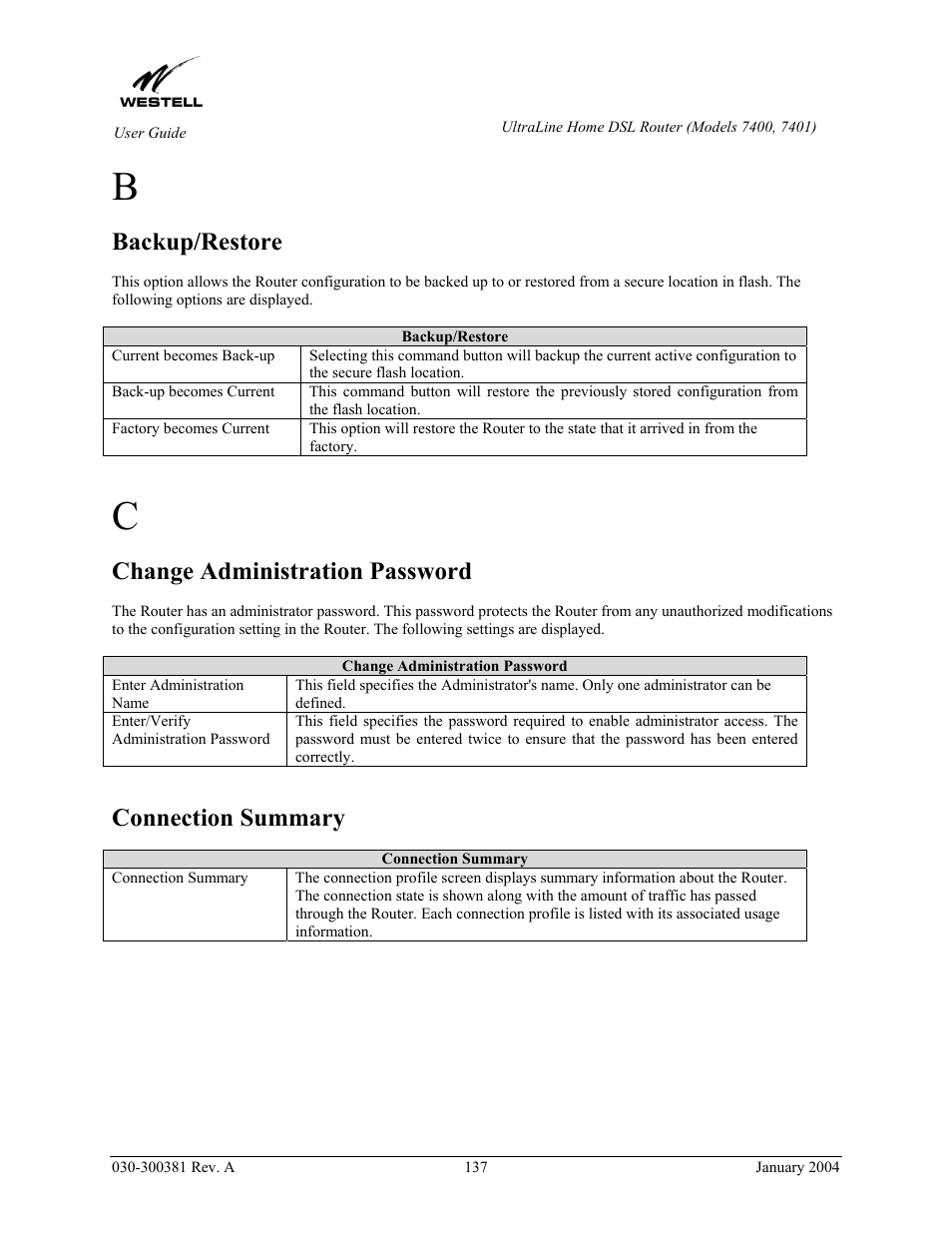 Backup/restore, Change administration password, Connection summary | Westell Technologies Westell UltraLine 7400 User Manual | Page 137 / 153