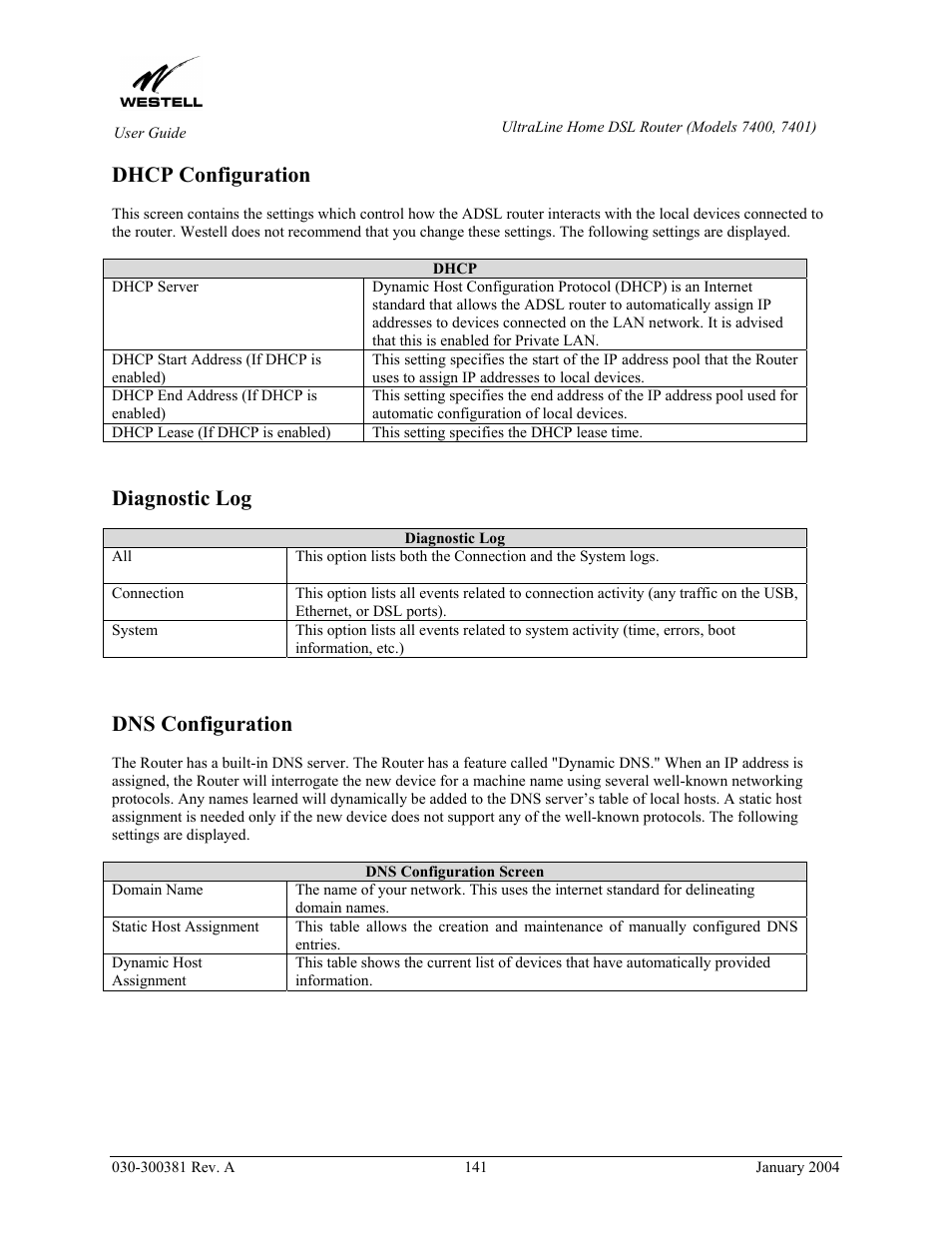 Dhcp configuration, Diagnostic log, Dns configuration | Westell Technologies Westell UltraLine 7400 User Manual | Page 141 / 153