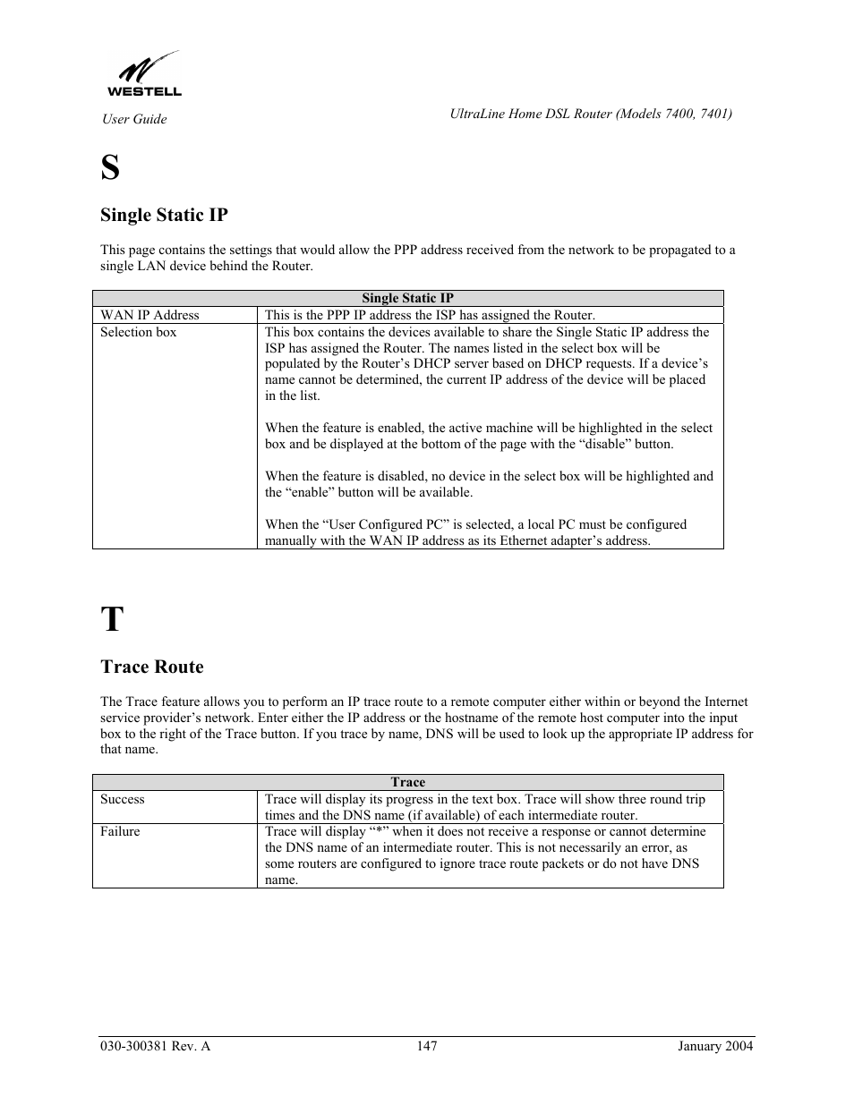 Single static ip, Trace route | Westell Technologies Westell UltraLine 7400 User Manual | Page 147 / 153
