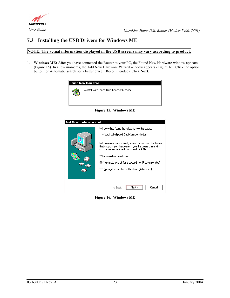 Installing the usb drivers for windows me, 3 installing the usb drivers for windows me | Westell Technologies Westell UltraLine 7400 User Manual | Page 23 / 153