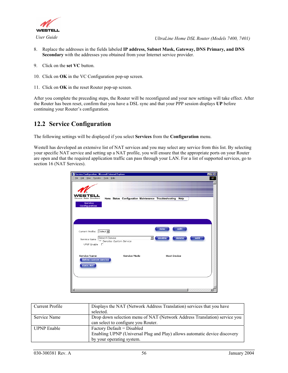 Service configuration, 2 service configuration | Westell Technologies Westell UltraLine 7400 User Manual | Page 56 / 153