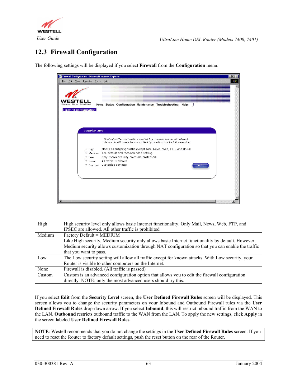 Firewall configuration, 3 firewall configuration | Westell Technologies Westell UltraLine 7400 User Manual | Page 63 / 153