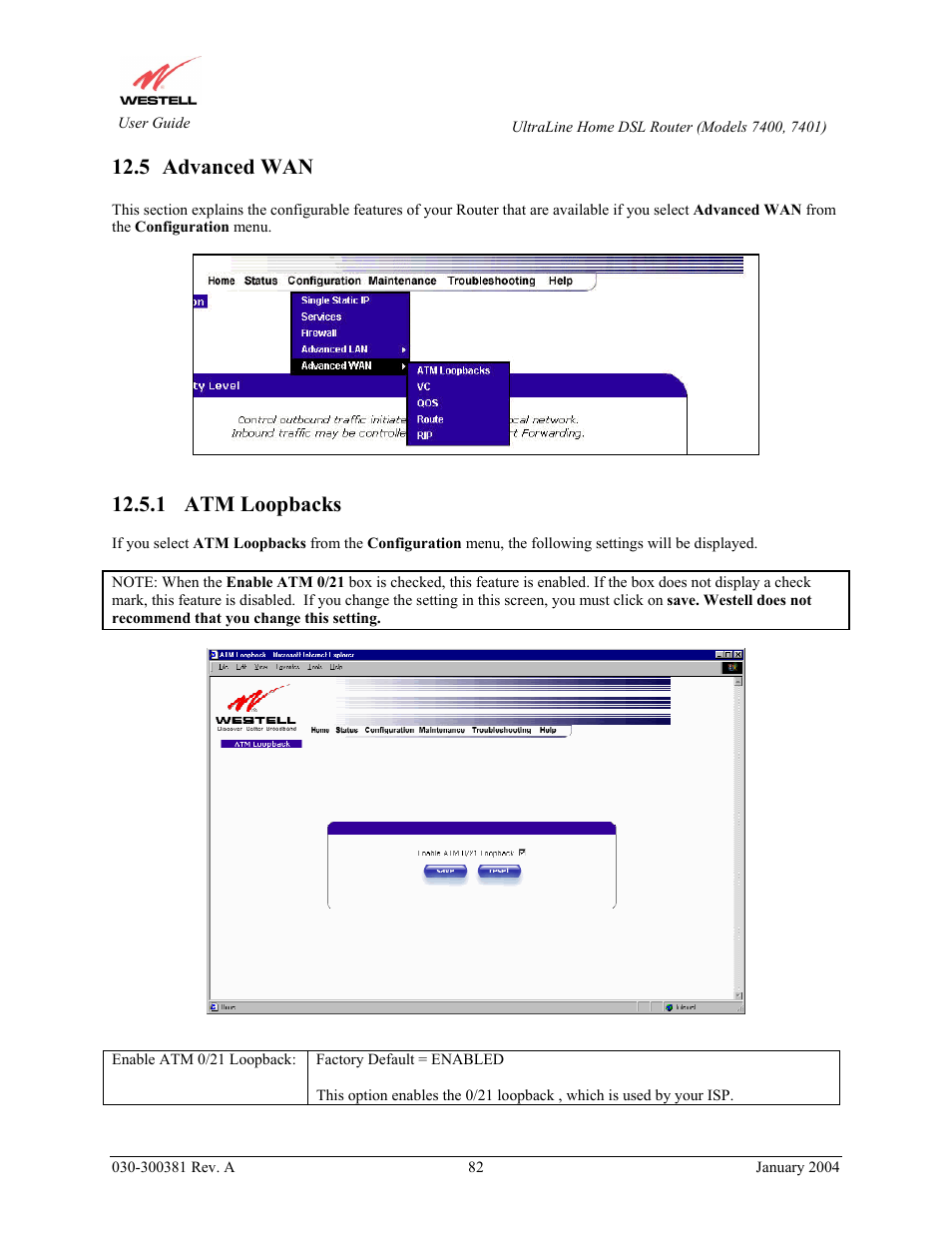 Advanced wan, 5 advanced wan, 1 atm loopbacks | Westell Technologies Westell UltraLine 7400 User Manual | Page 82 / 153