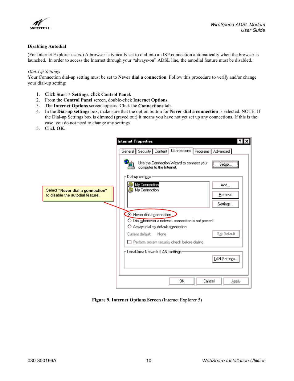 Disabling autodial | Westell Technologies WireSpeed ADSL Modem 030-300166A iii User Manual | Page 13 / 61