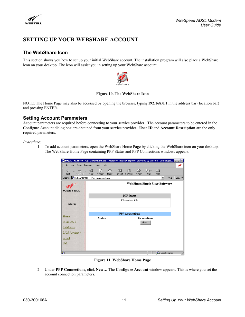 Setting up your webshare account, The webshare icon, Setting account parameters | The webshare icon setting account parameters | Westell Technologies WireSpeed ADSL Modem 030-300166A iii User Manual | Page 14 / 61