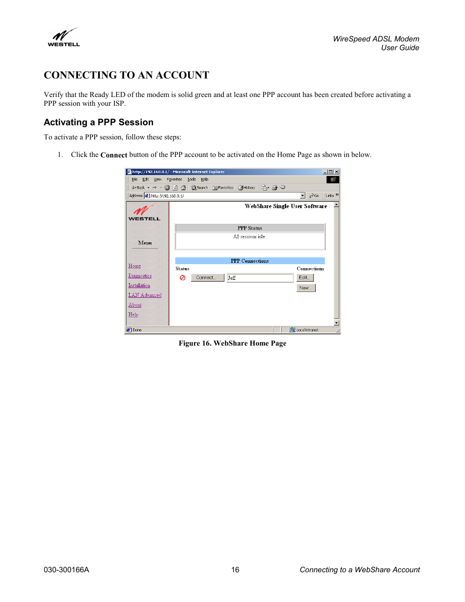 Connecting to an account, Activating a ppp session | Westell Technologies WireSpeed ADSL Modem 030-300166A iii User Manual | Page 19 / 61