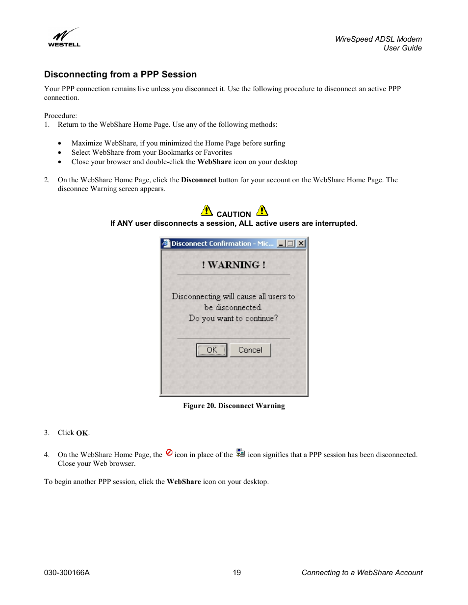 Disconnecting from a ppp session | Westell Technologies WireSpeed ADSL Modem 030-300166A iii User Manual | Page 22 / 61