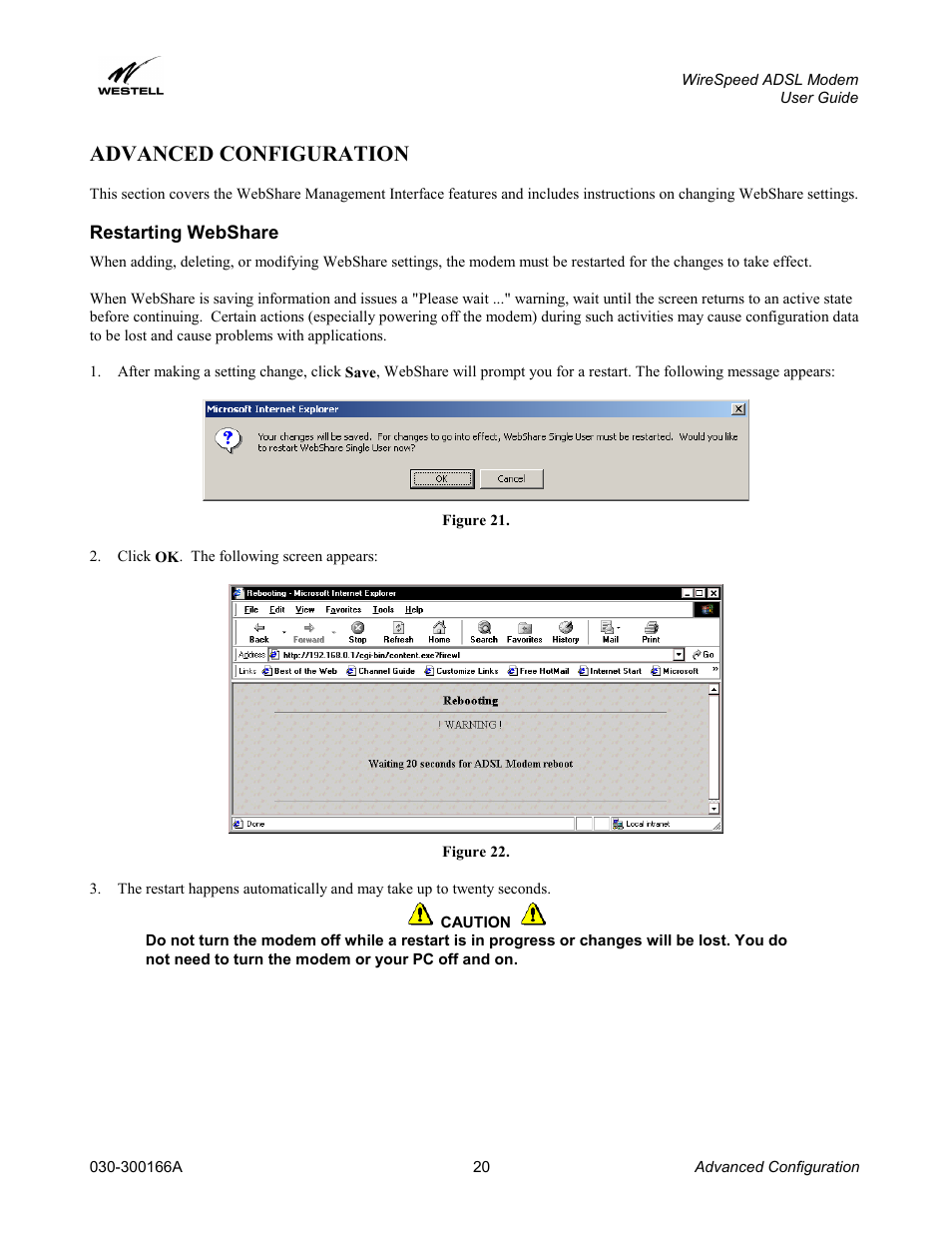 Advanced configuration, Restarting webshare | Westell Technologies WireSpeed ADSL Modem 030-300166A iii User Manual | Page 23 / 61