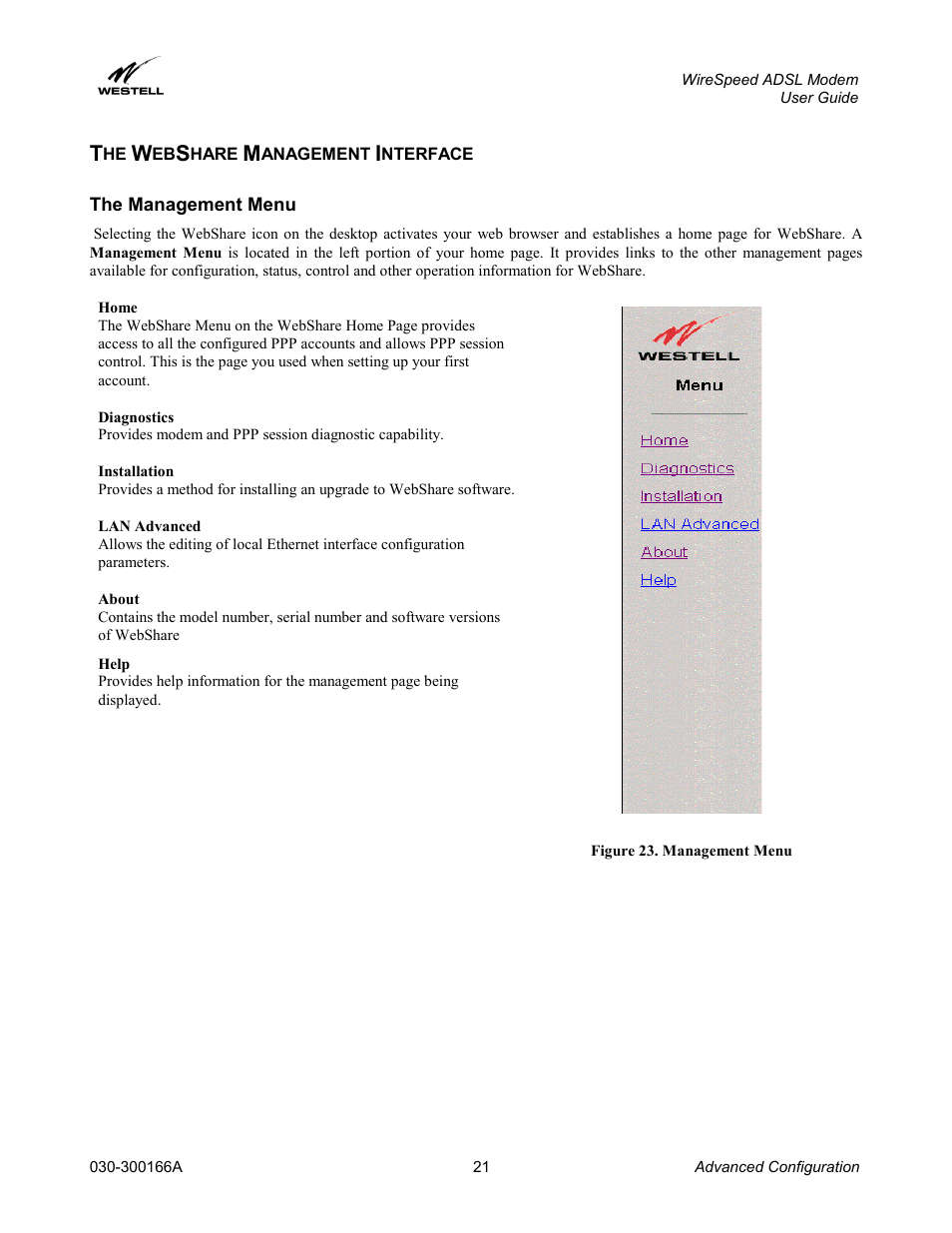 The webshare management interface, The management menu, Hare | Anagement, Nterface | Westell Technologies WireSpeed ADSL Modem 030-300166A iii User Manual | Page 24 / 61