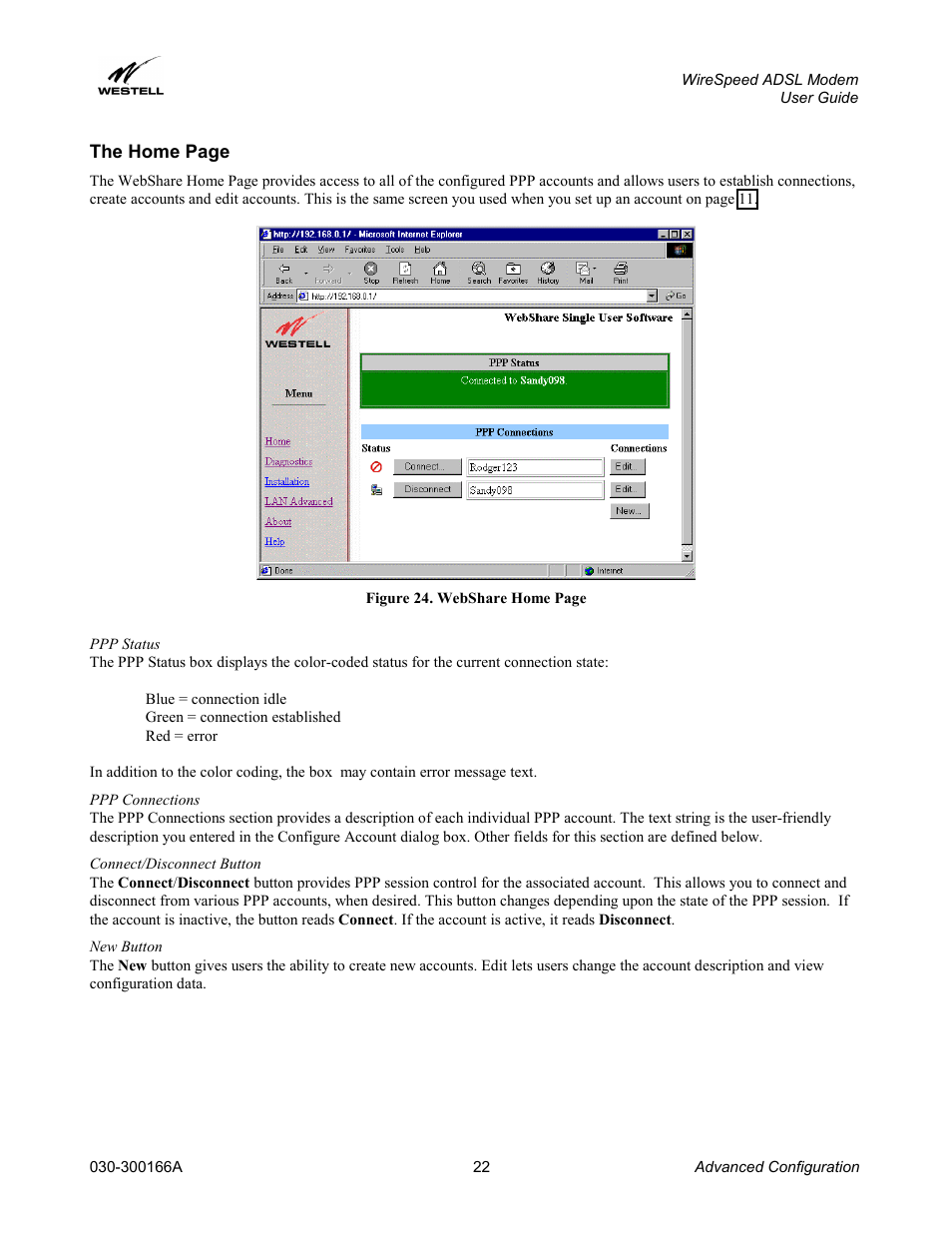 Ppp status, Ppp connections, Connect/disconnect button | New button | Westell Technologies WireSpeed ADSL Modem 030-300166A iii User Manual | Page 25 / 61