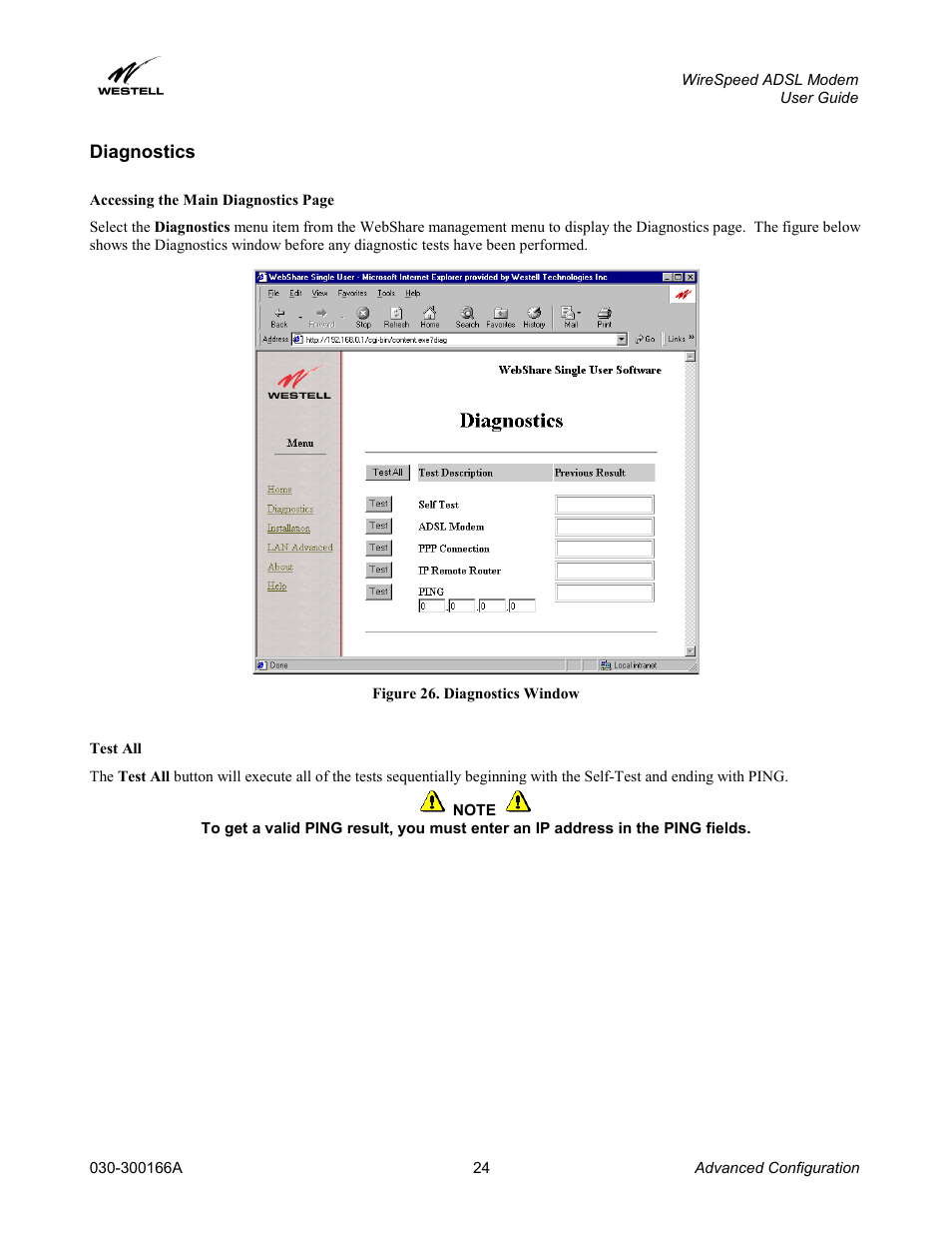 Diagnostics, Test all | Westell Technologies WireSpeed ADSL Modem 030-300166A iii User Manual | Page 27 / 61