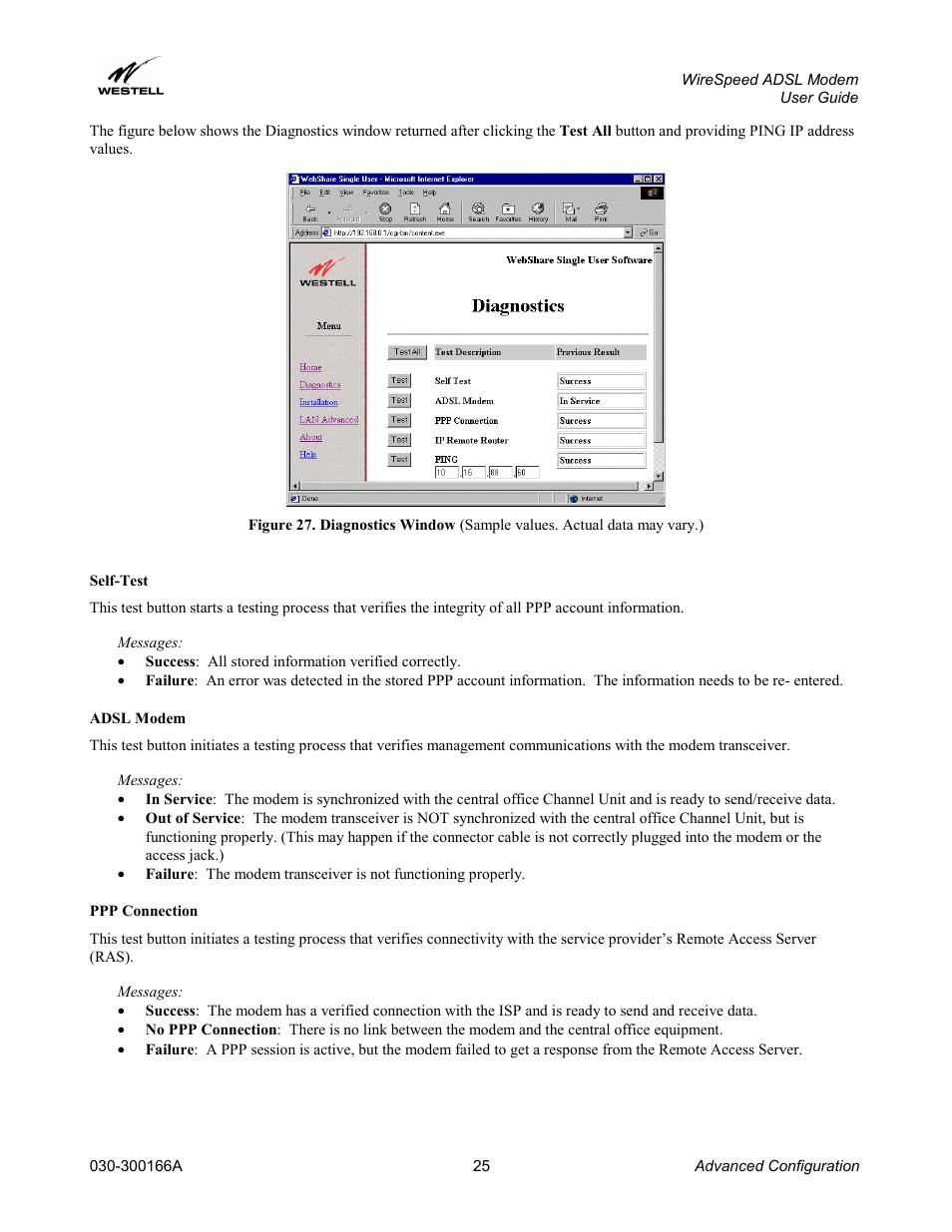 Self-test, Adsl modem, Ppp connection | Self-test adsl modem ppp connection | Westell Technologies WireSpeed ADSL Modem 030-300166A iii User Manual | Page 28 / 61