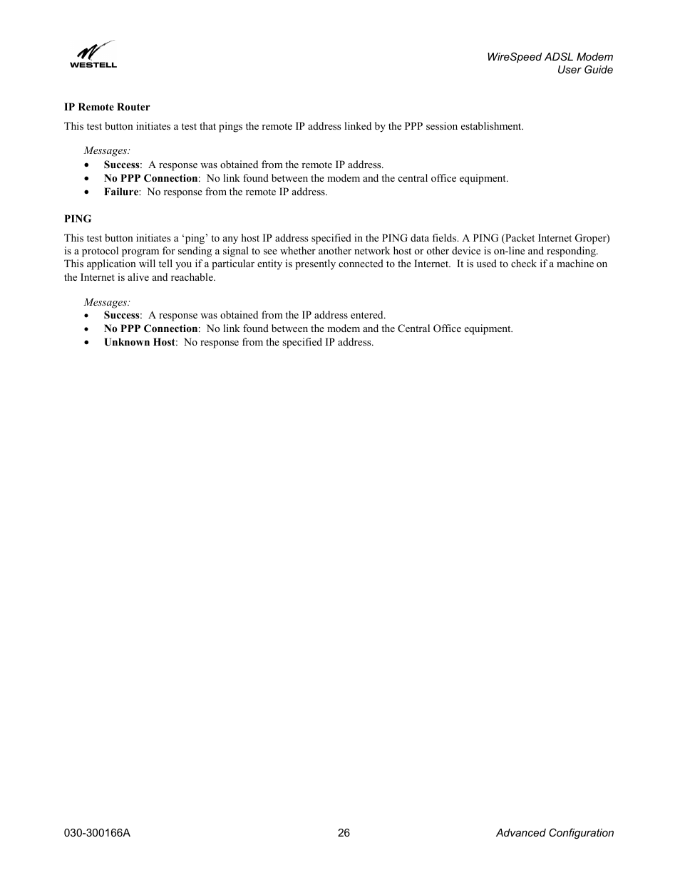 Ip remote router, Ping, Ip remote router ping | Westell Technologies WireSpeed ADSL Modem 030-300166A iii User Manual | Page 29 / 61