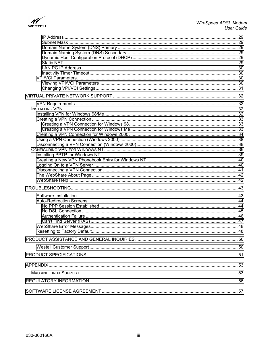 Westell Technologies WireSpeed ADSL Modem 030-300166A iii User Manual | Page 3 / 61