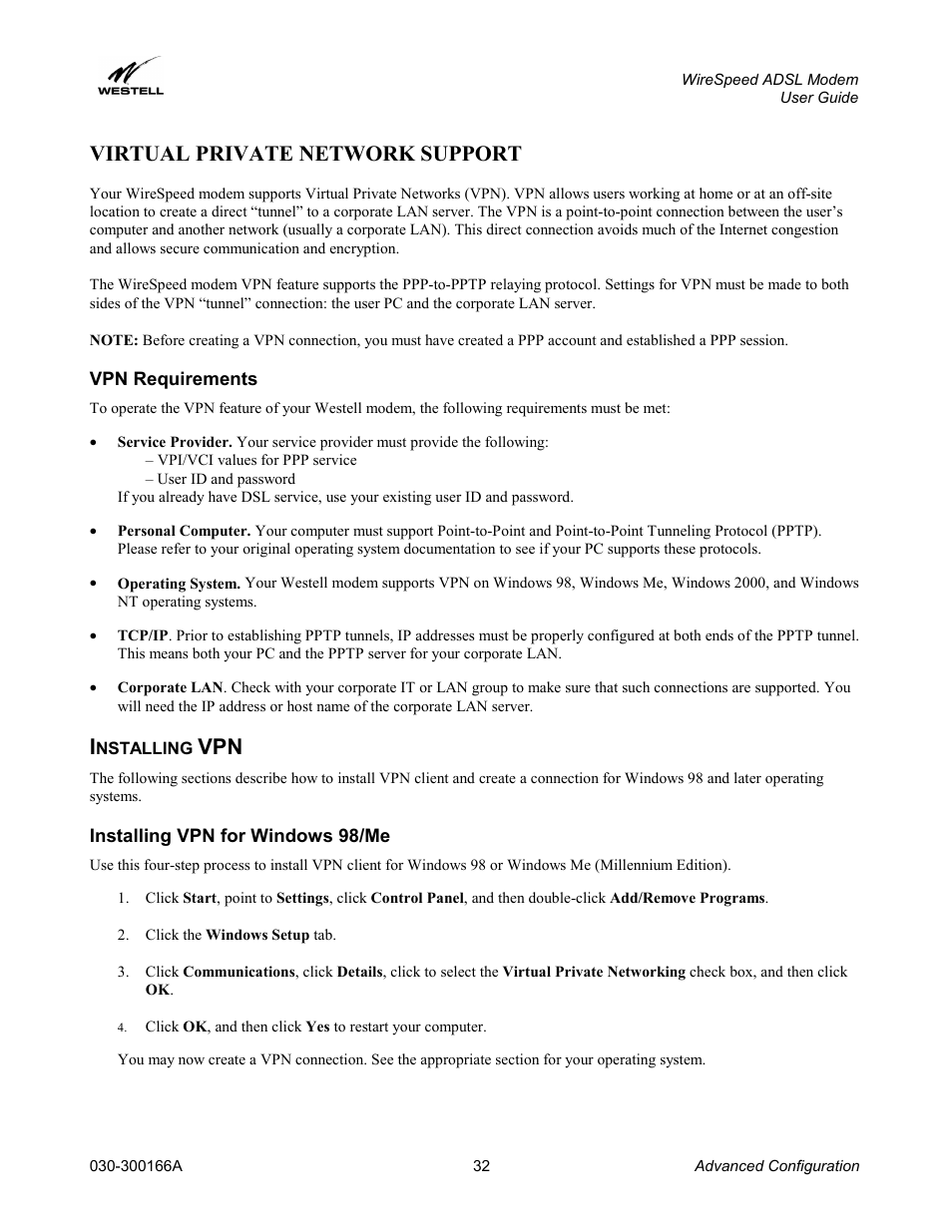 Virtual private network support, Vpn requirements, Installing vpn | Installing vpn for windows 98/me, Nstalling | Westell Technologies WireSpeed ADSL Modem 030-300166A iii User Manual | Page 35 / 61