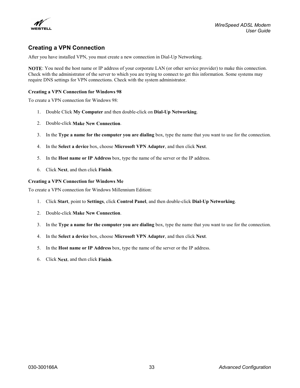 Creating a vpn connection, Creating a vpn connection for windows 98, Creating a vpn connection for windows me | Westell Technologies WireSpeed ADSL Modem 030-300166A iii User Manual | Page 36 / 61
