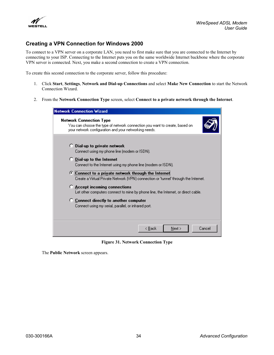 Creating a vpn connection for windows 2000 | Westell Technologies WireSpeed ADSL Modem 030-300166A iii User Manual | Page 37 / 61