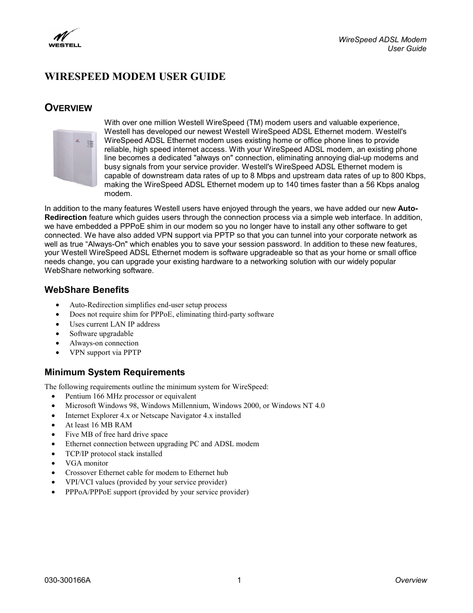 Wirespeed modem user guide, Overview, Webshare benefits | Minimum system requirements, Verview, Webshare benefits minimum system requirements, Wirespeed modem user guide o | Westell Technologies WireSpeed ADSL Modem 030-300166A iii User Manual | Page 4 / 61