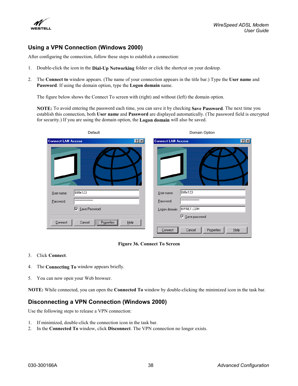 Using a vpn connection (windows 2000), Disconnecting a vpn connection (windows 2000) | Westell Technologies WireSpeed ADSL Modem 030-300166A iii User Manual | Page 41 / 61