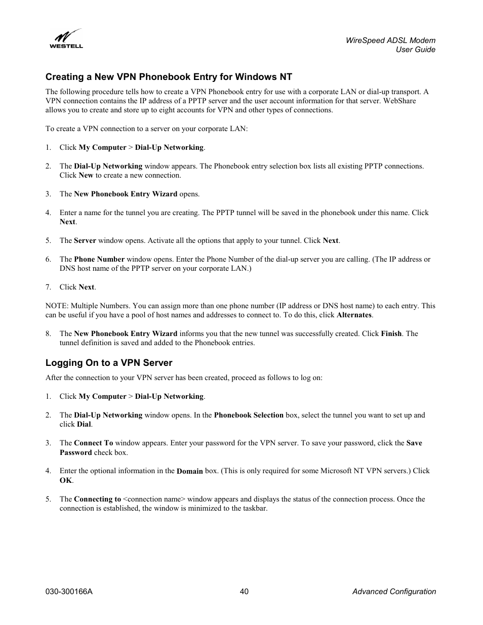 Creating a new vpn phonebook entry for windows nt, Logging on to a vpn server | Westell Technologies WireSpeed ADSL Modem 030-300166A iii User Manual | Page 43 / 61