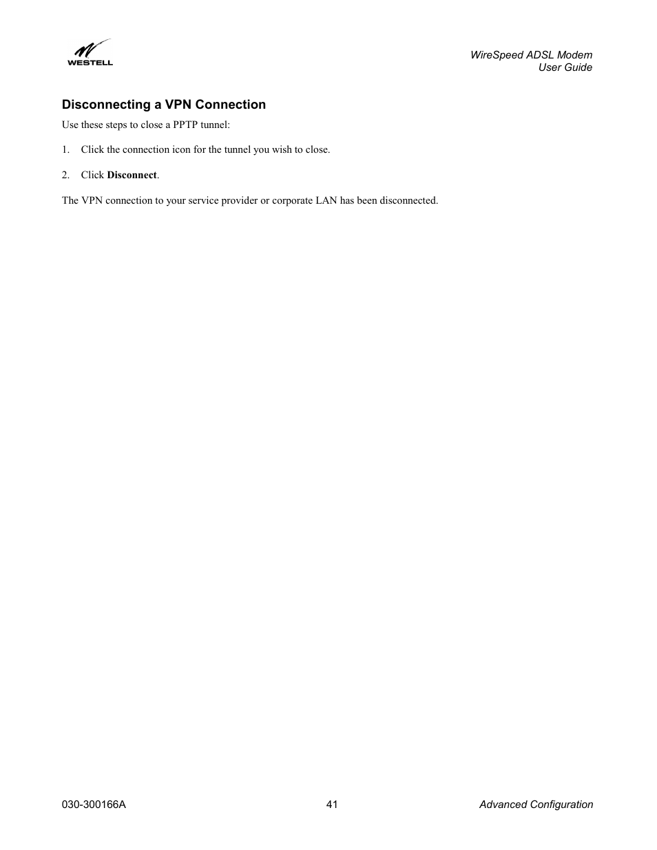 Disconnecting a vpn connection | Westell Technologies WireSpeed ADSL Modem 030-300166A iii User Manual | Page 44 / 61