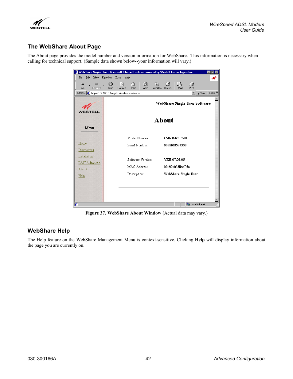 Webshare help | Westell Technologies WireSpeed ADSL Modem 030-300166A iii User Manual | Page 45 / 61
