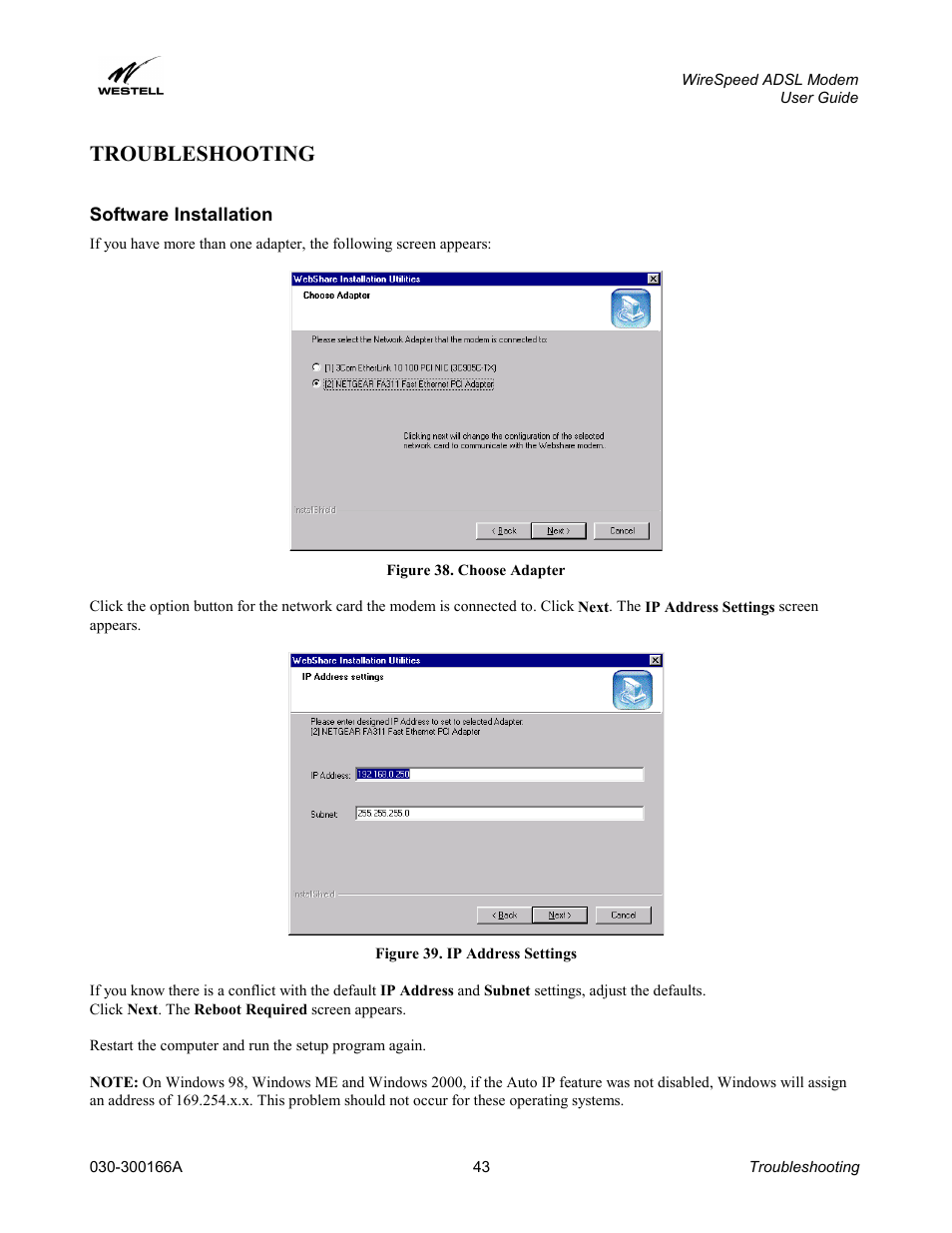 Troubleshooting, Software installation | Westell Technologies WireSpeed ADSL Modem 030-300166A iii User Manual | Page 46 / 61