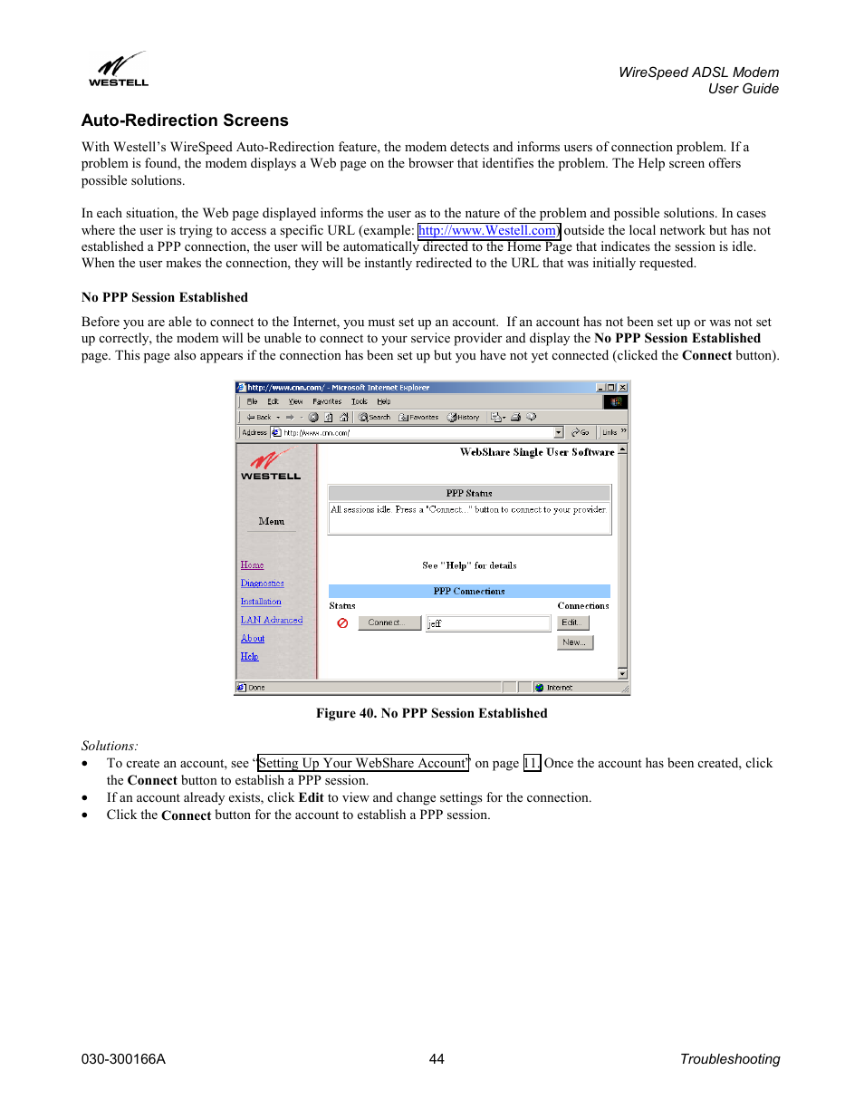 Auto-redirection screens, No ppp session established | Westell Technologies WireSpeed ADSL Modem 030-300166A iii User Manual | Page 47 / 61