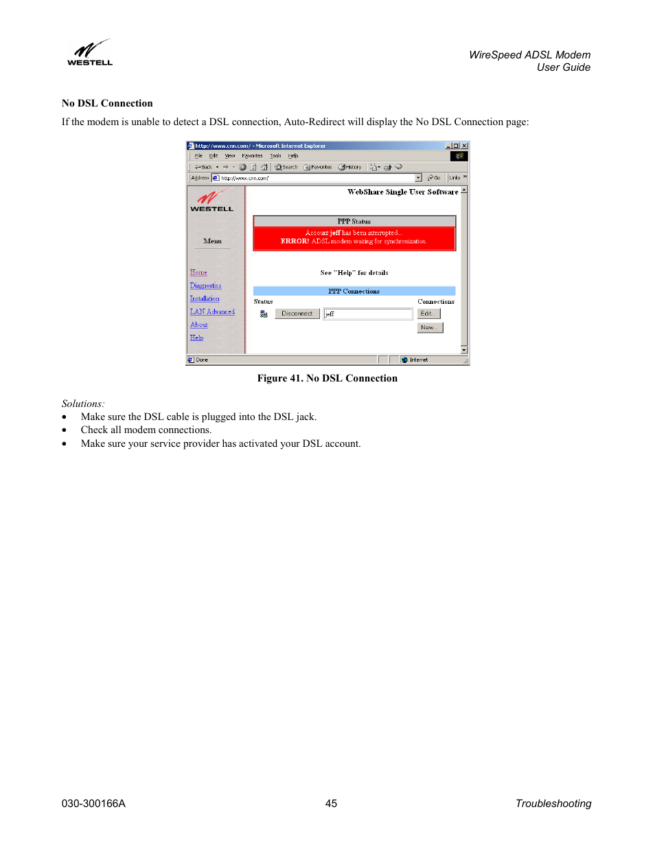No dsl connection | Westell Technologies WireSpeed ADSL Modem 030-300166A iii User Manual | Page 48 / 61