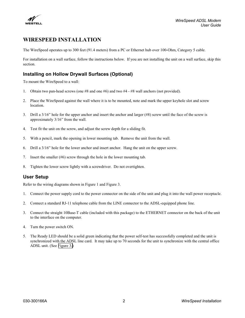 Wirespeed installation, Installing on hollow drywall surfaces (optional), User setup | Westell Technologies WireSpeed ADSL Modem 030-300166A iii User Manual | Page 5 / 61