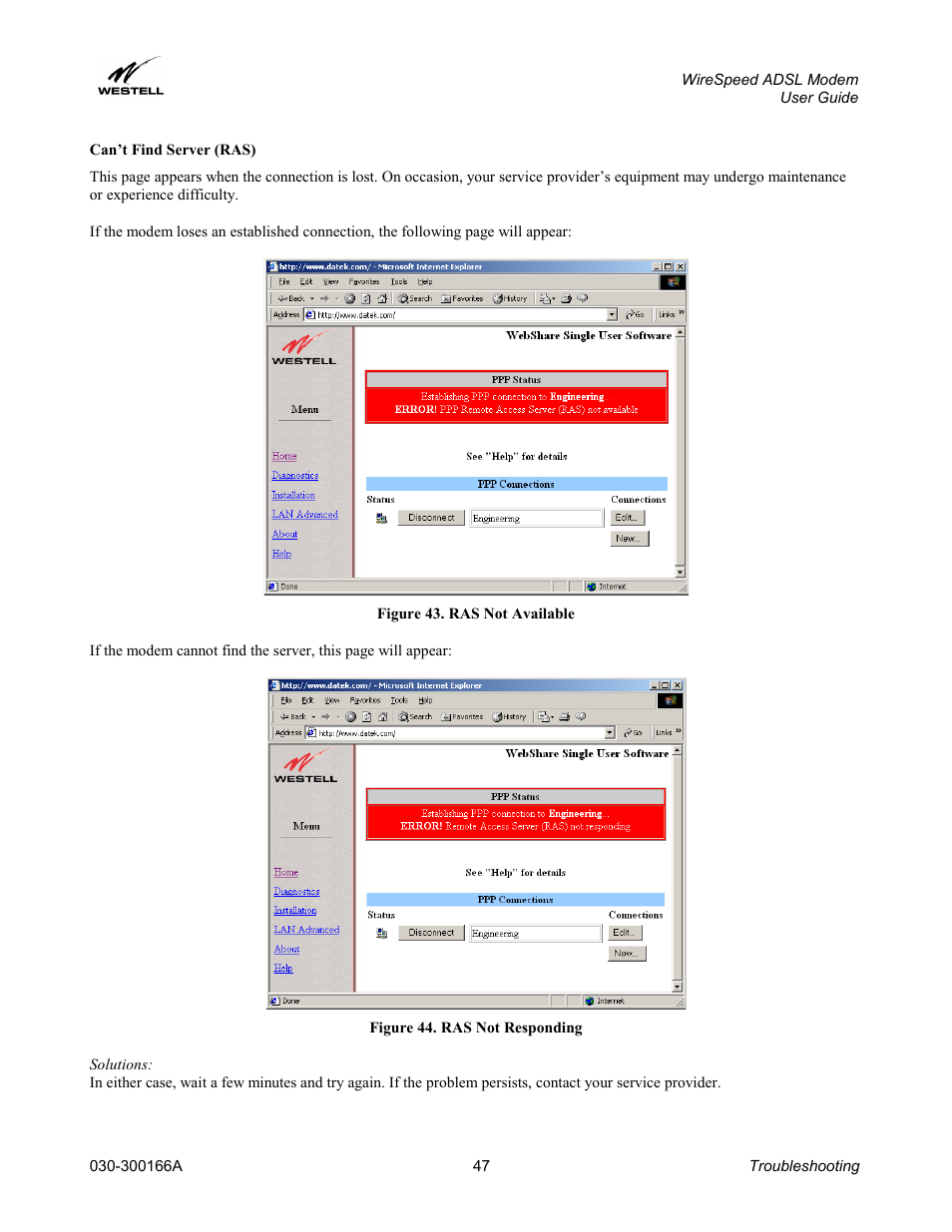 Can’t find server (ras) | Westell Technologies WireSpeed ADSL Modem 030-300166A iii User Manual | Page 50 / 61