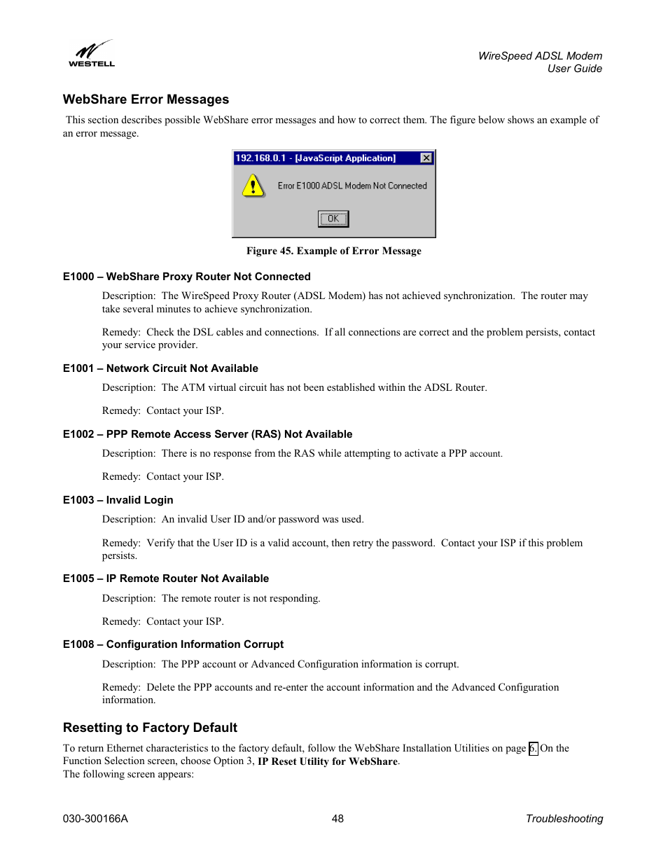 Webshare error messages, Resetting to factory default | Westell Technologies WireSpeed ADSL Modem 030-300166A iii User Manual | Page 51 / 61