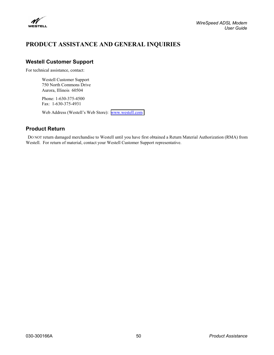 Product assistance and general inquiries, Westell customer support | Westell Technologies WireSpeed ADSL Modem 030-300166A iii User Manual | Page 53 / 61