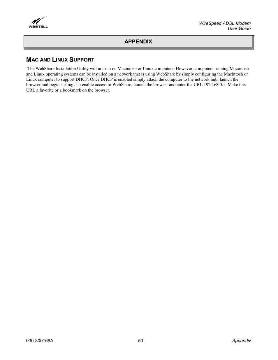 Mac and linux support, Appendix, Ac and | Inux, Upport | Westell Technologies WireSpeed ADSL Modem 030-300166A iii User Manual | Page 56 / 61