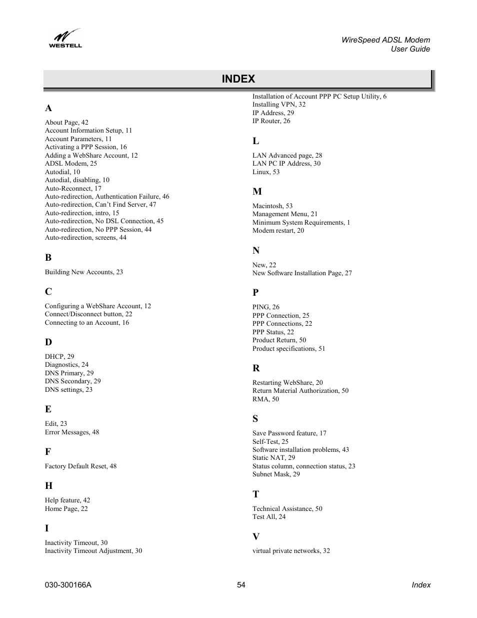 Index | Westell Technologies WireSpeed ADSL Modem 030-300166A iii User Manual | Page 57 / 61