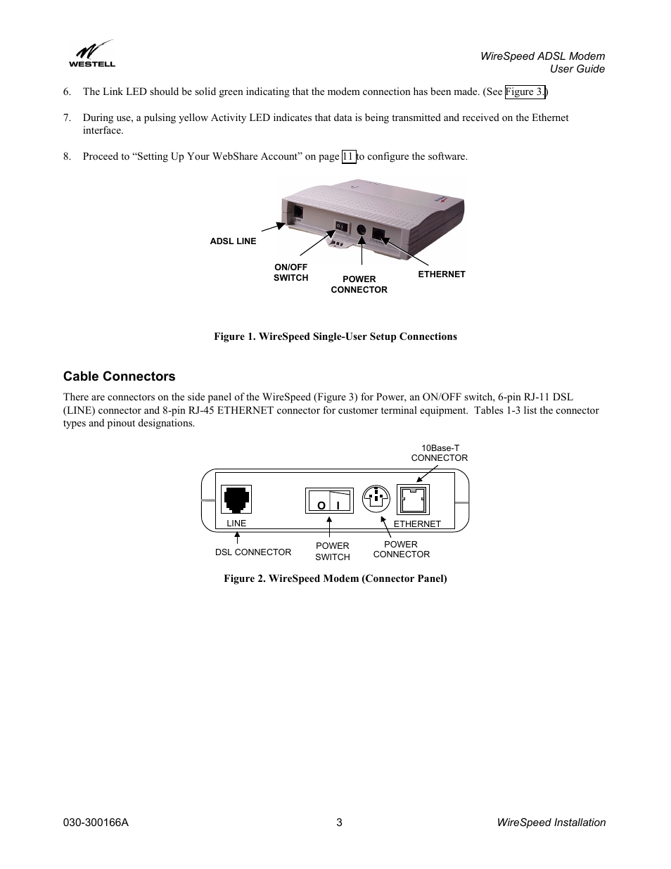 Cable connectors | Westell Technologies WireSpeed ADSL Modem 030-300166A iii User Manual | Page 6 / 61