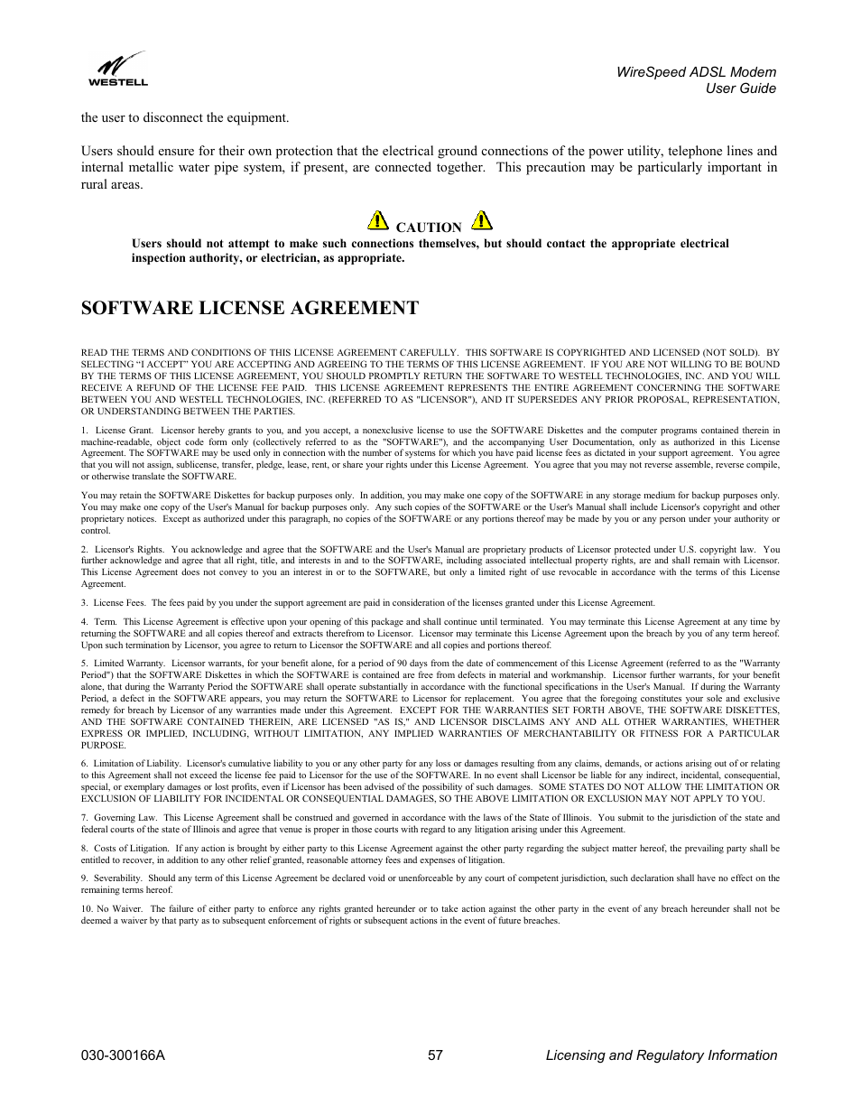 Software license agreement | Westell Technologies WireSpeed ADSL Modem 030-300166A iii User Manual | Page 60 / 61