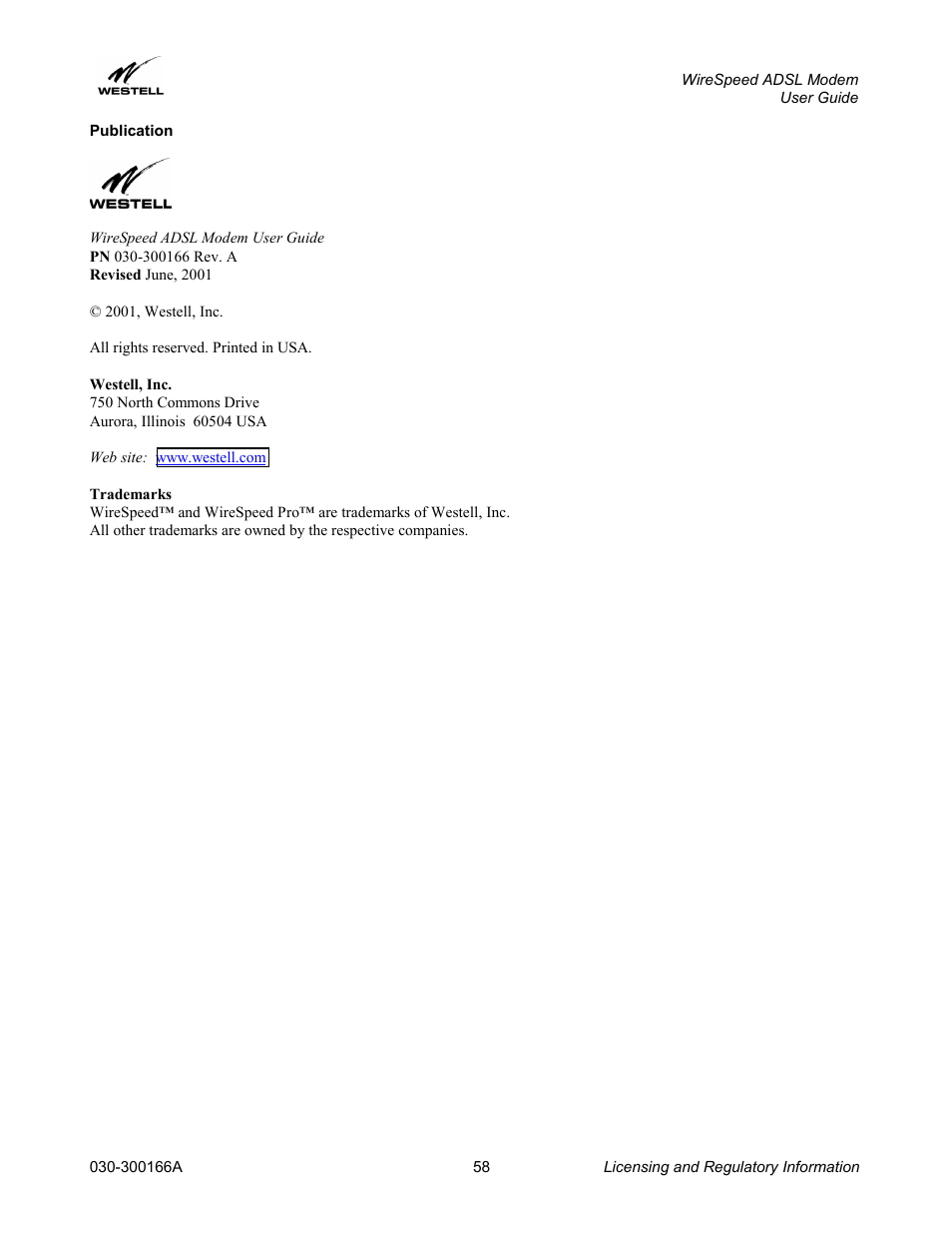 Westell Technologies WireSpeed ADSL Modem 030-300166A iii User Manual | Page 61 / 61