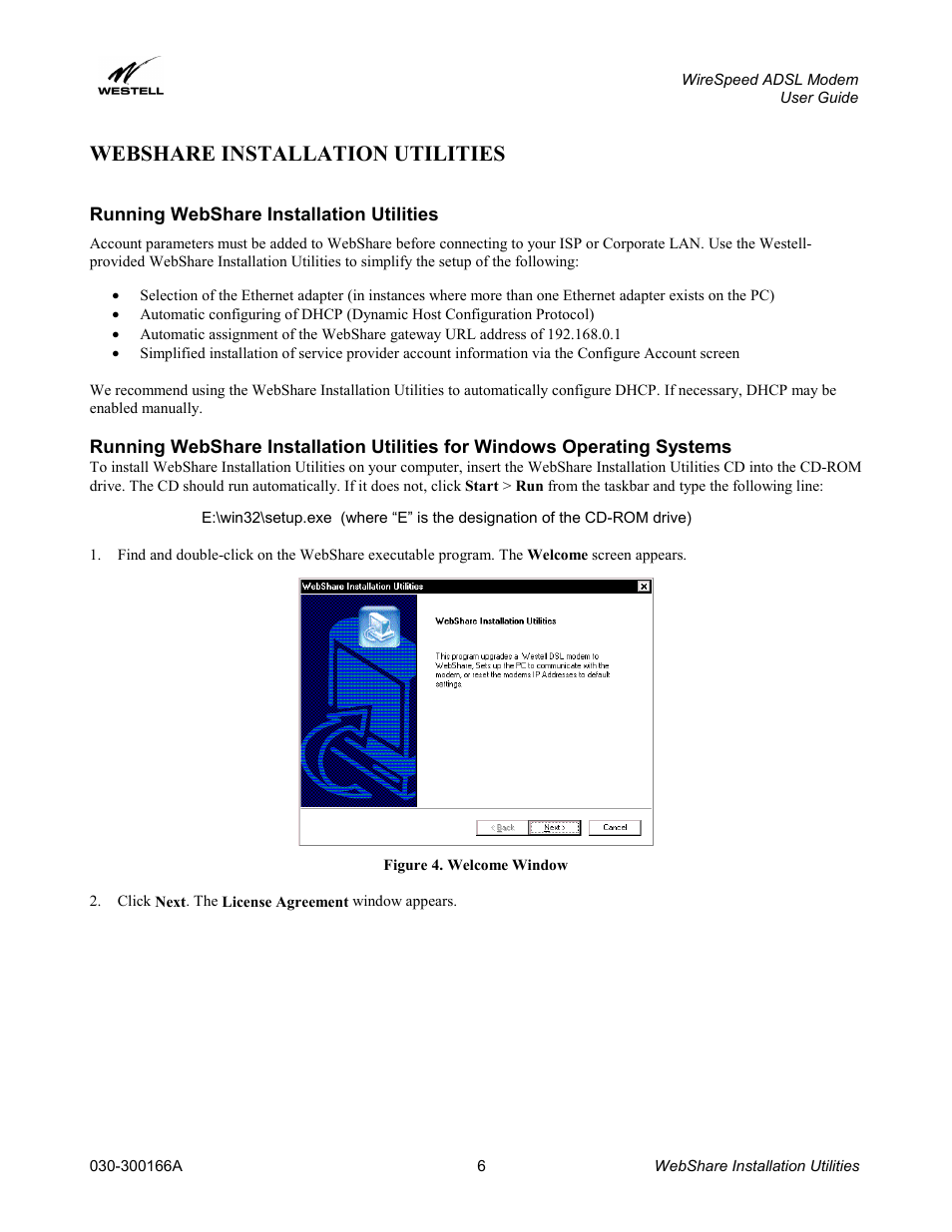 Webshare installation utilities, Running webshare installation utilities | Westell Technologies WireSpeed ADSL Modem 030-300166A iii User Manual | Page 9 / 61