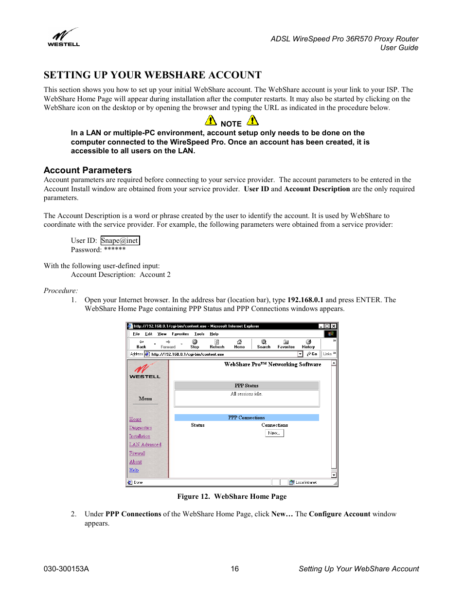 Setting up your webshare account, Account parameters | Westell Technologies 36R570 User Manual | Page 16 / 59