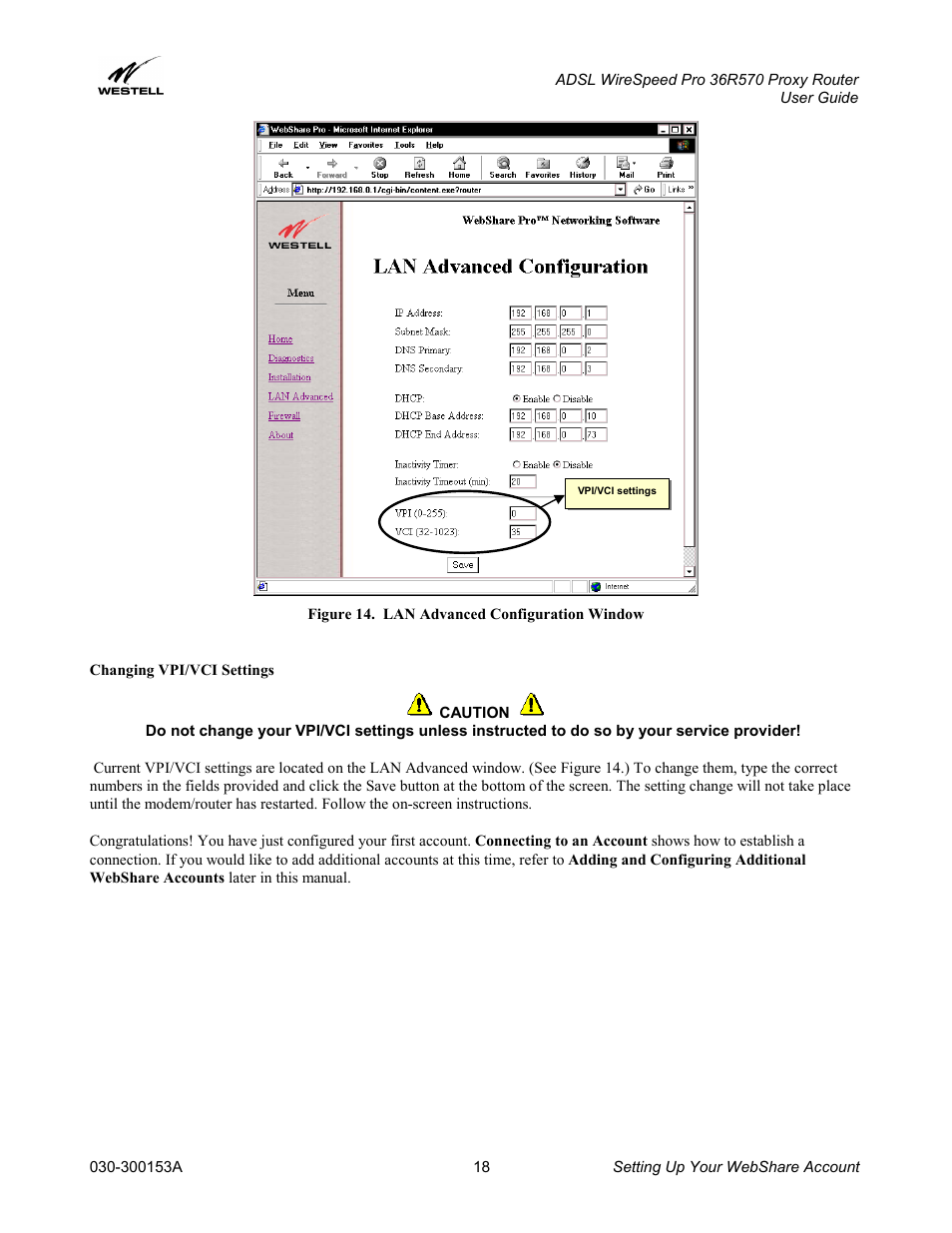 Changing vpi/vci settings | Westell Technologies 36R570 User Manual | Page 18 / 59