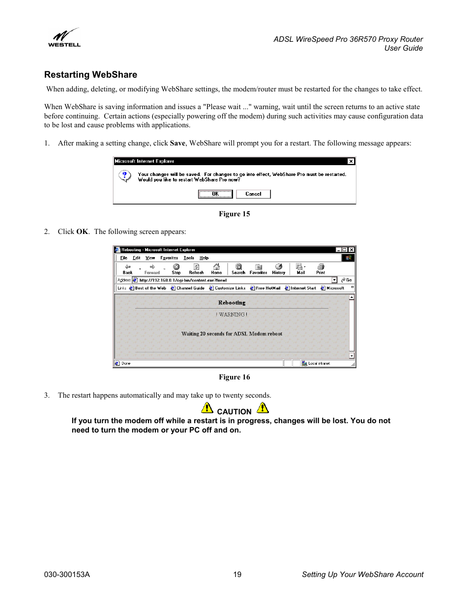 Restarting webshare | Westell Technologies 36R570 User Manual | Page 19 / 59