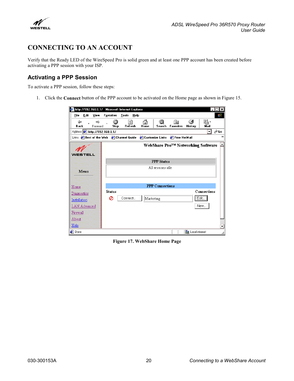 Connecting to an account, Activating a ppp session | Westell Technologies 36R570 User Manual | Page 20 / 59